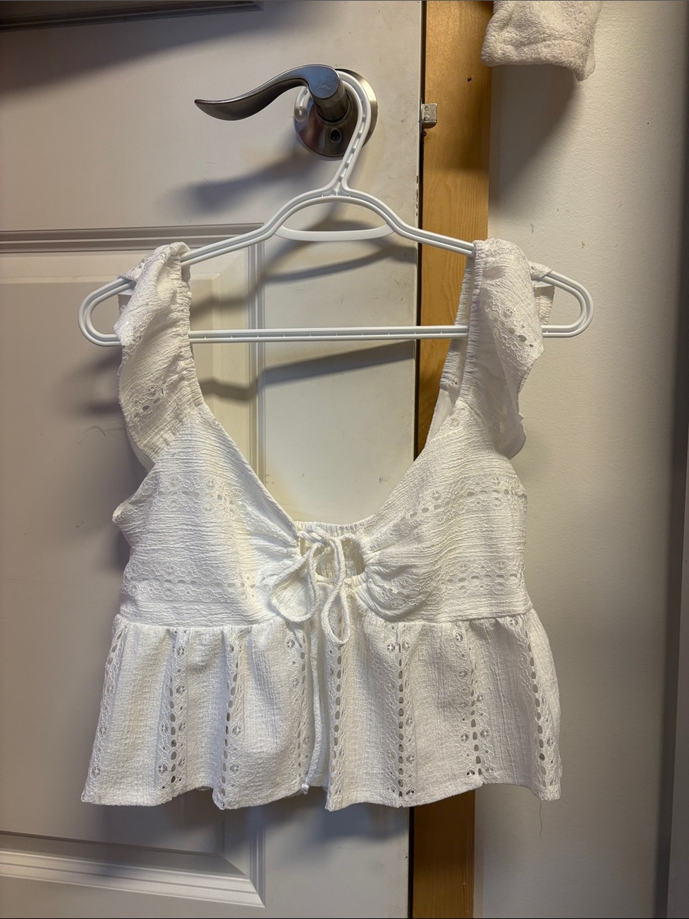 White Eyelet Tie-Front Peplum Top - Women